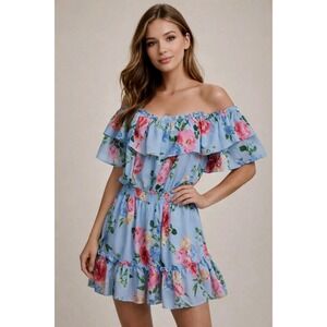 Flying Tomato Blue Floral Ruffle Romper On Or Off Shoulder Size L Stretch Chic